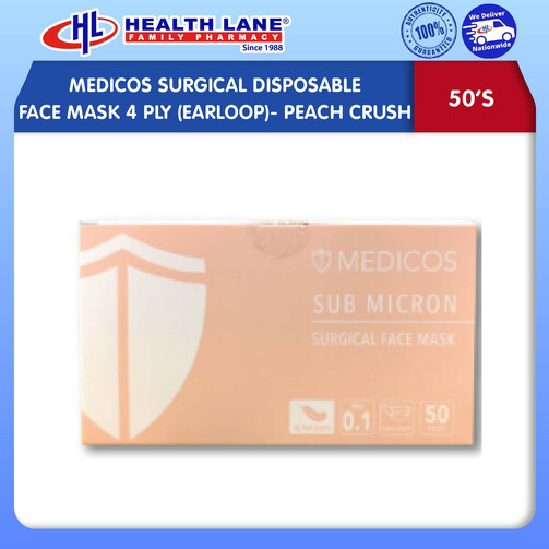 MEDICOS SURGICAL  MASK MUKA 4 PLY (EARLOOP)- PEACH CRUSH (50'S)
